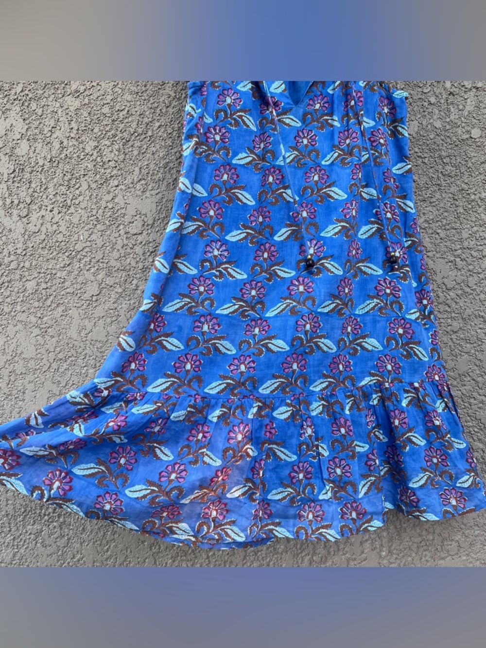 Oliphant Blue Floral Block Print Cotton Tiered Mini Dress Small Sleeveless Boho - Picture 4 of 14